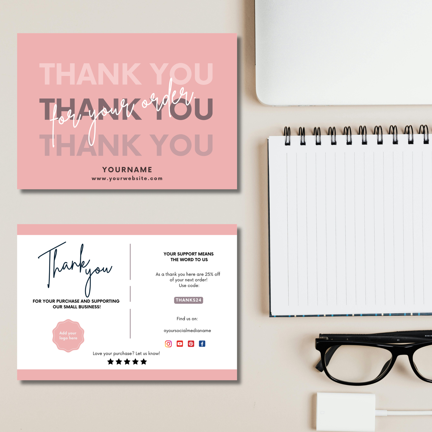 💕 Thank You Card Template – Editable Canva (14.8 x 10.5 cm) 💕