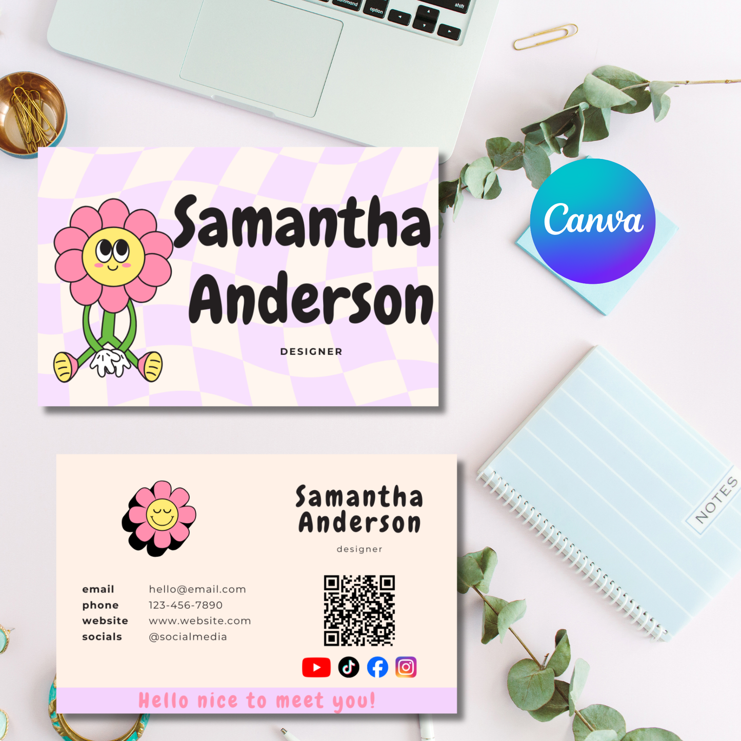 🌸 Retro Flower Business Card Template – Editable Canva Design