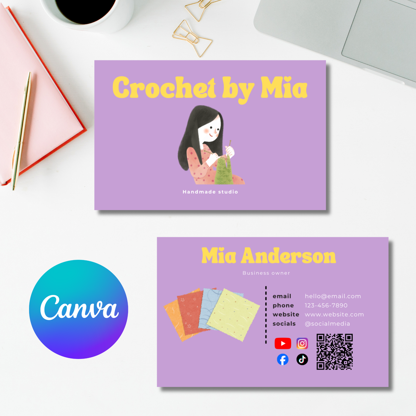 🧶 Crochet Business Card Template with QR Code – Editable Canva Design